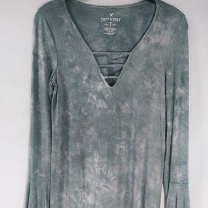 American Eagle Soft Sexy Women's Green/White Marble Long Flare Sleeve Shirt SP
